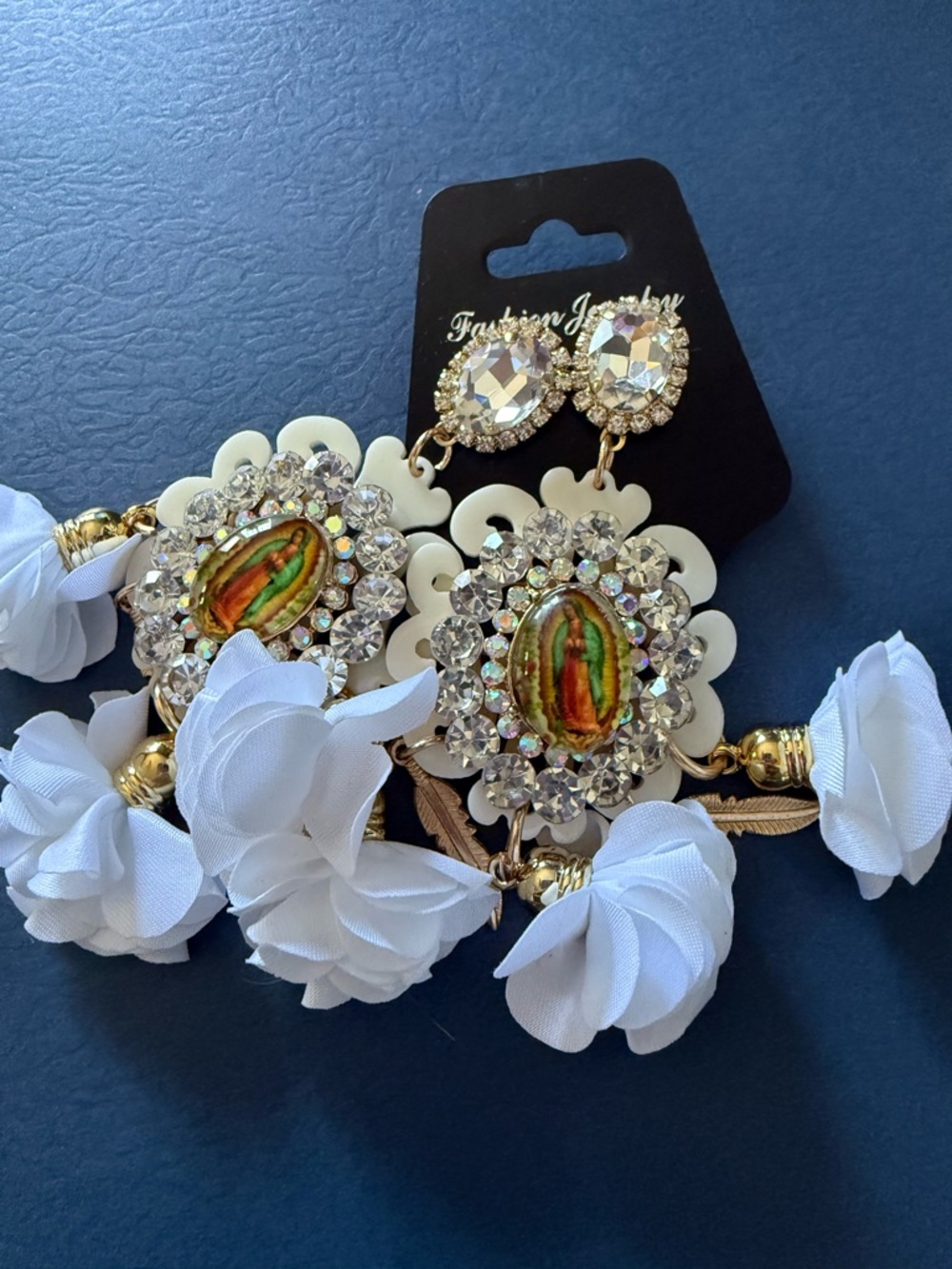 White Floral Crystal Drop Earrings with Colorful Guadalupe glass top